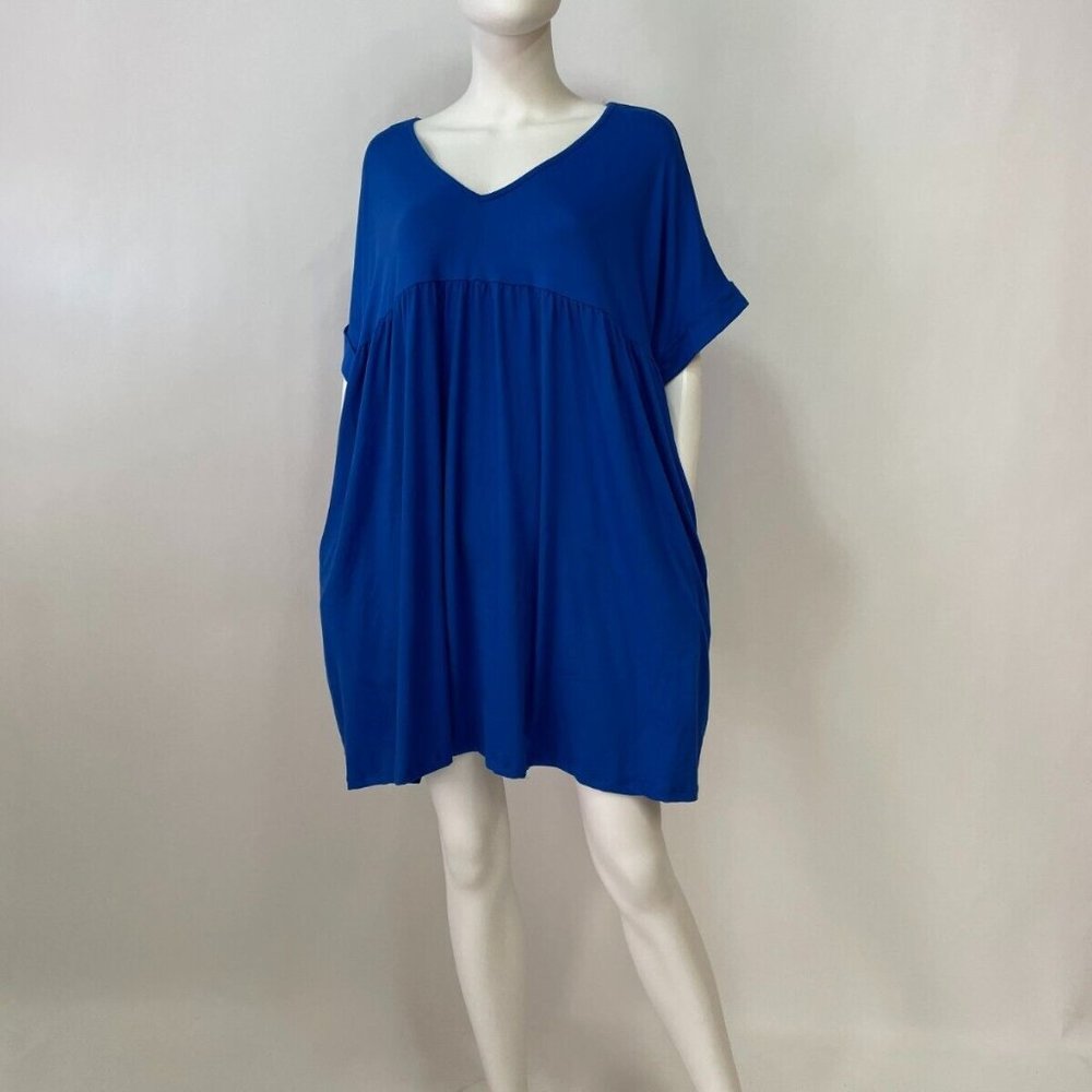 Entro Royal Blue V-Neck Short Sleeve Babydoll Pocket Mini Dress
